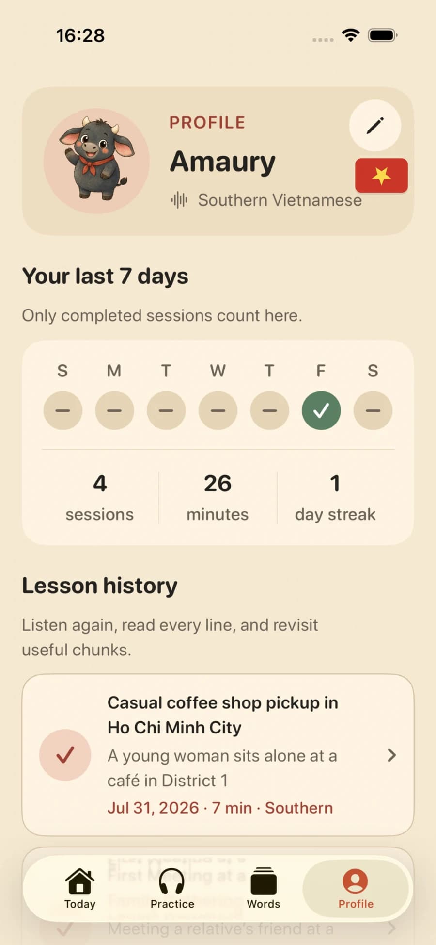 VietBuddy profile showing Southern Vietnamese and recent practice progress